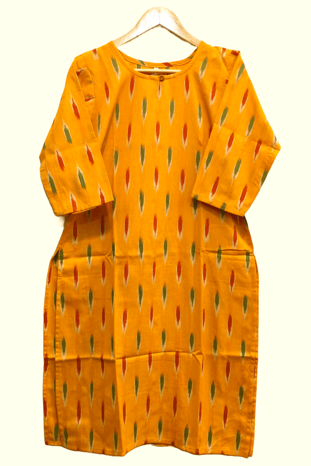 Handwoven ikat cotton kurti in straight cut in yellow