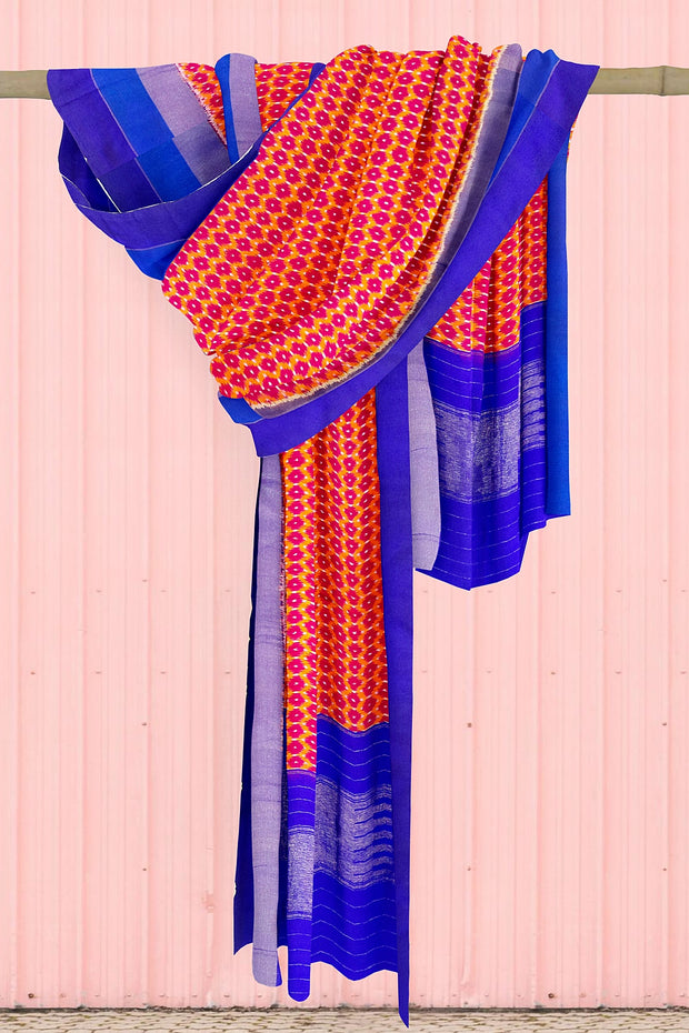 Handwoven Ikat pure silk dupatta in red with small motifs and blue pallu