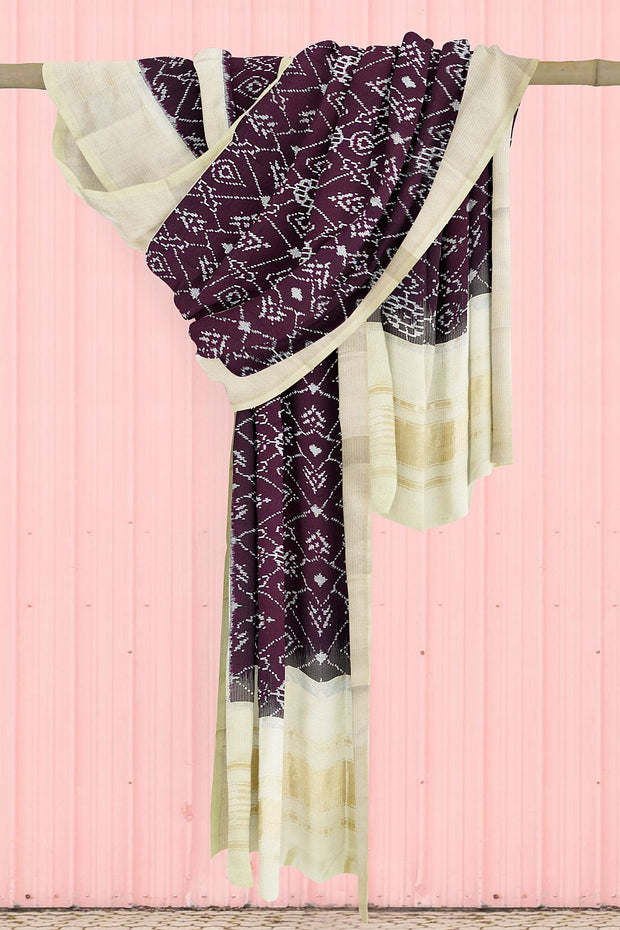 Handwoven Ikat pure silk dupatta in dark purple in pan bhat pattern