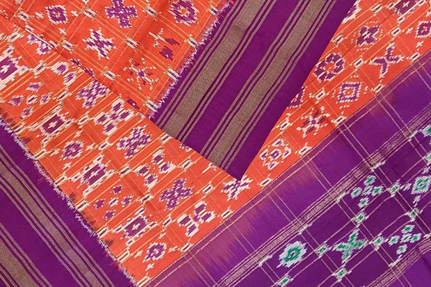 Handwoven Ikat pure silk dupatta in orange in diamond pattern