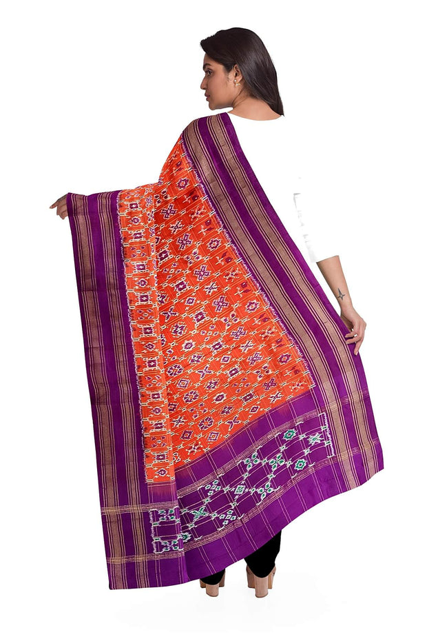 Handwoven Ikat pure silk dupatta in orange in diamond pattern