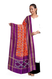 Handwoven Ikat pure silk dupatta in orange in diamond pattern