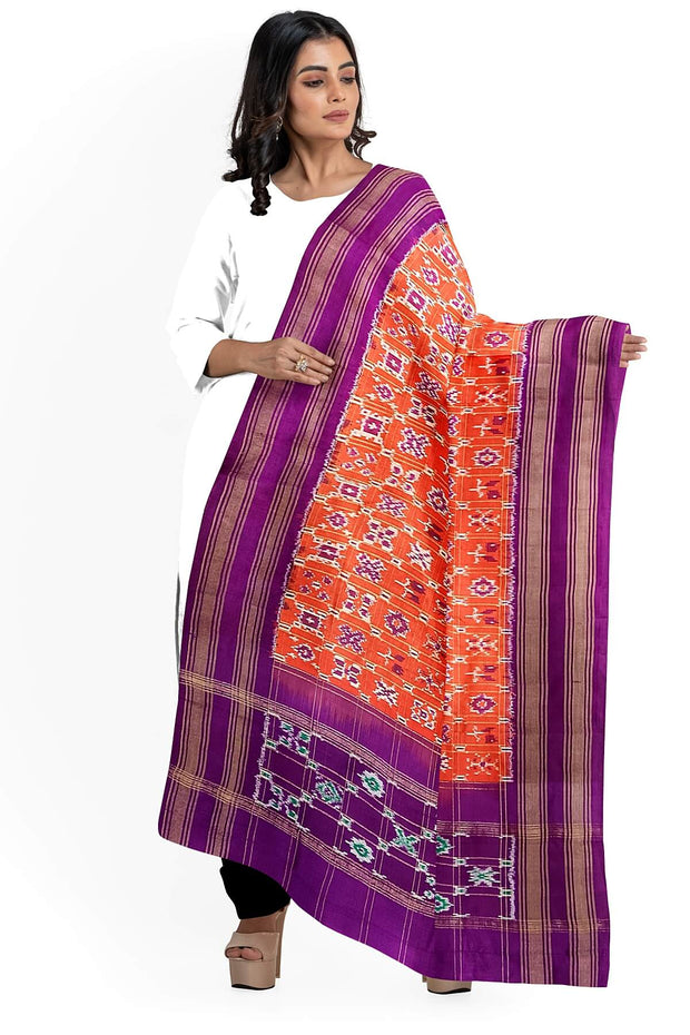 Handwoven Ikat pure silk dupatta in orange in diamond pattern