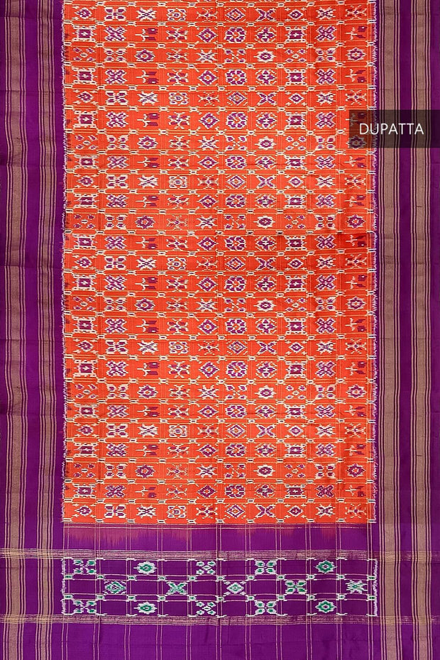 Handwoven Ikat pure silk dupatta in orange in diamond pattern