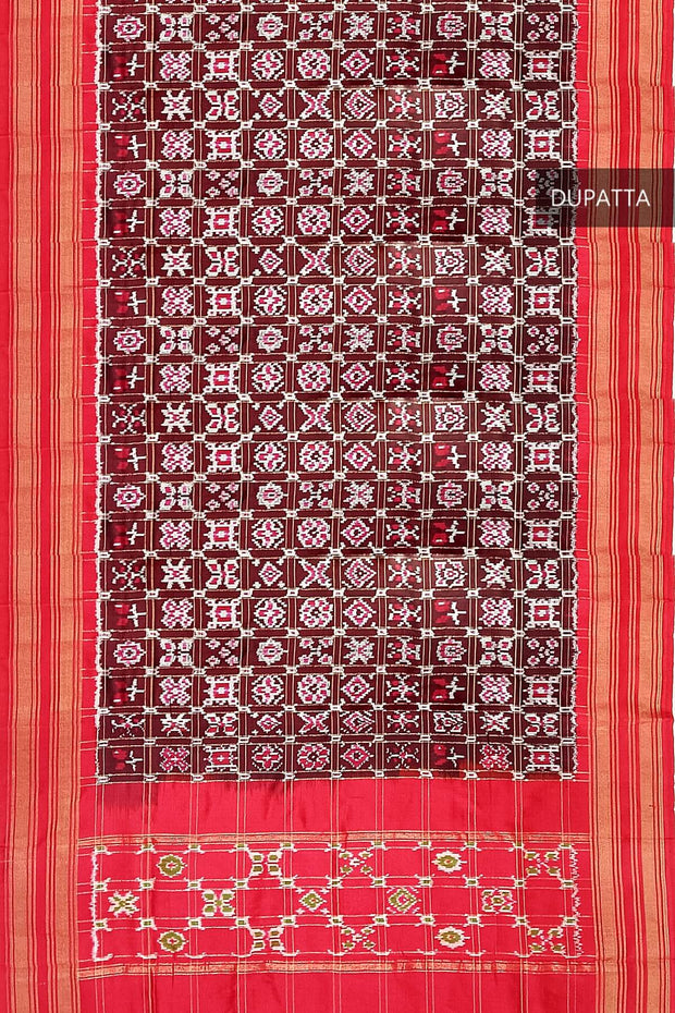 Handwoven Ikat pure silk dupatta in coffee brown in diamond pattern