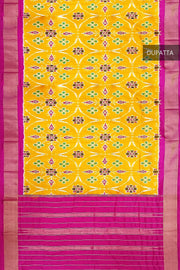 Handwoven ikat pure silk dupatta in  yellow  in pan bhat  pattern