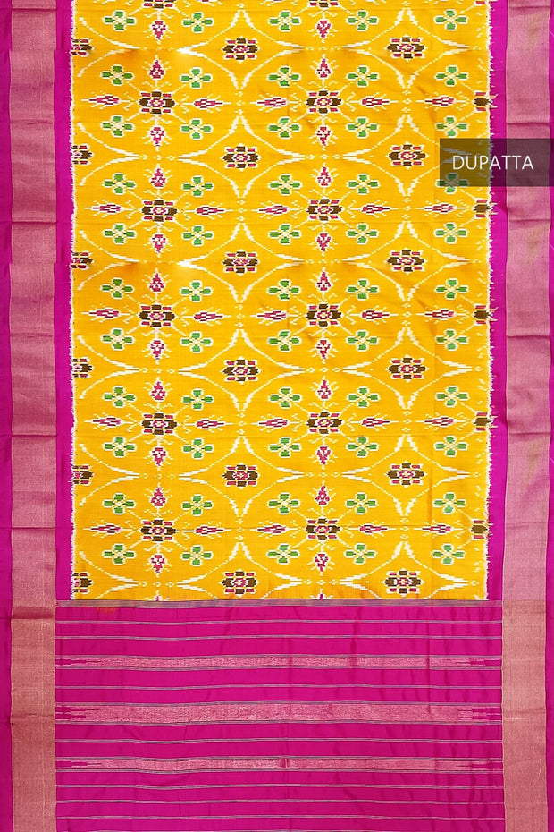 Handwoven ikat pure silk dupatta in  yellow  in pan bhat  pattern