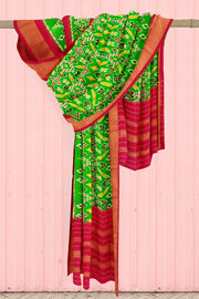Handwoven ikat pure silk dupatta in green in pan bhat pattern