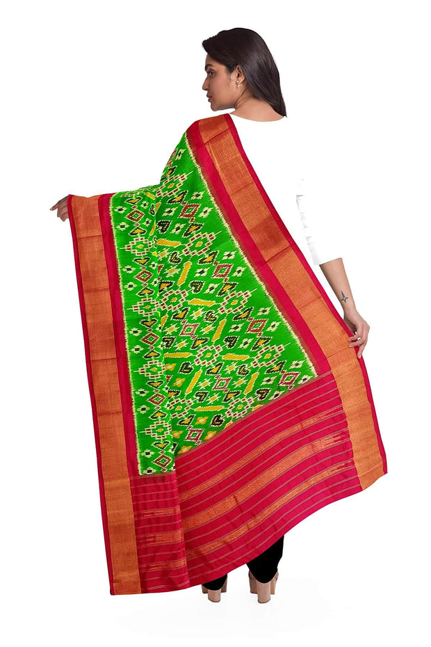 Handwoven ikat pure silk dupatta in green in pan bhat pattern
