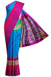 Ikat pure silk  saree in blue with Ganga Jamuna  temple zari border .