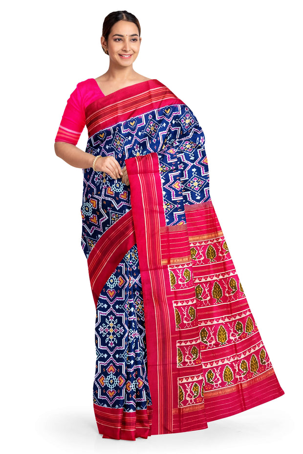 Ikat pure silk saree in blue in patola pattern with contrast pallu