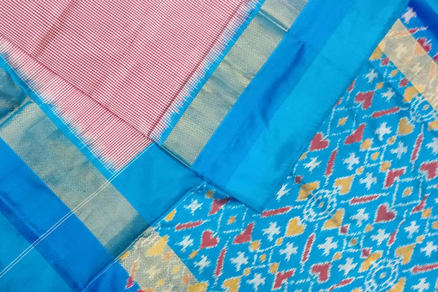 Handwoven Ikat pure silk saree in pink  in fine checks