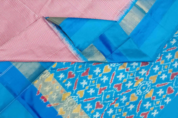 Handwoven Ikat pure silk saree in pink  in fine checks