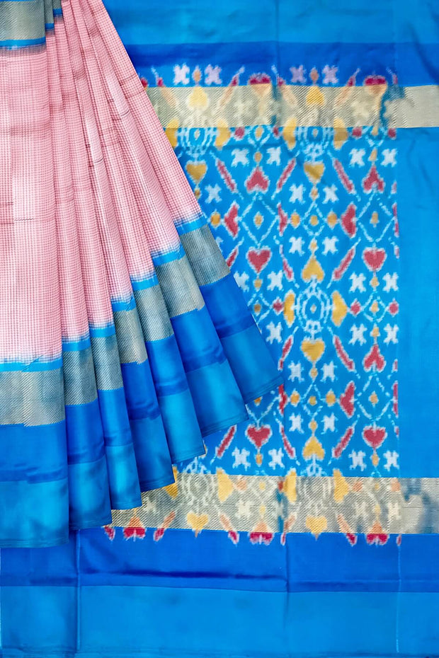 Handwoven Ikat pure silk saree in pink  in fine checks