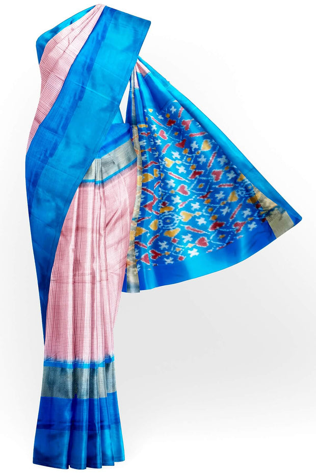 Handwoven Ikat pure silk saree in pink  in fine checks