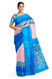 Handwoven Ikat pure silk saree in pink  in fine checks