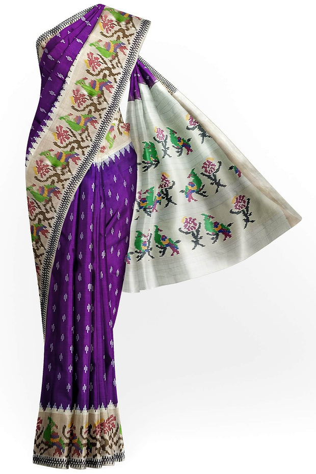 Handwoven ikat pure silk saree in purple with small motifs