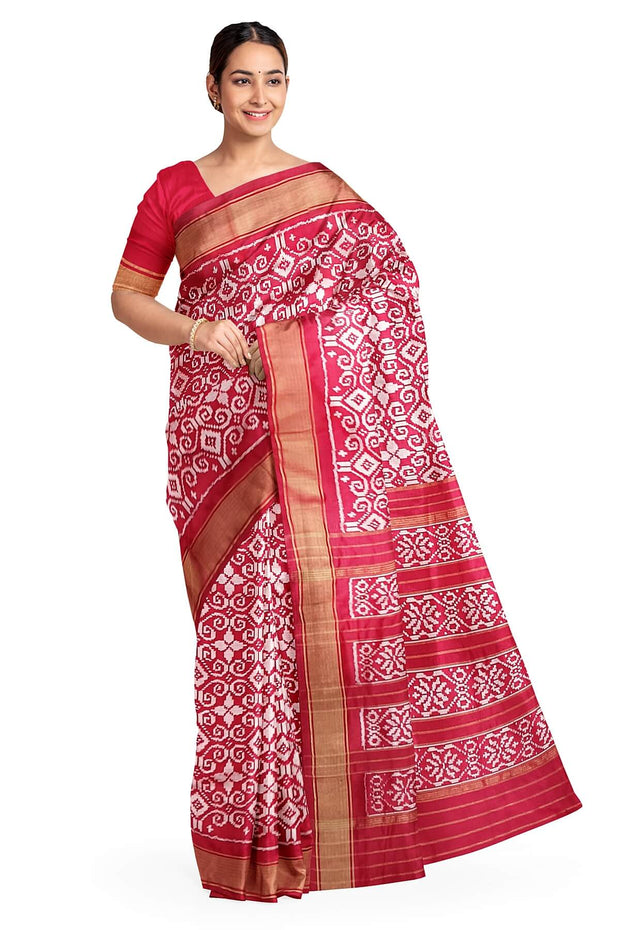 Handwoven Ikat pure silk saree in red with floral motifs