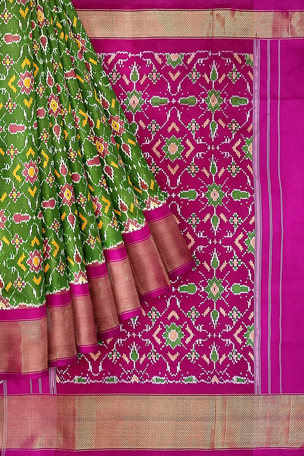 Handwoven Ikat pure silk saree in  green in pan bhat pattern