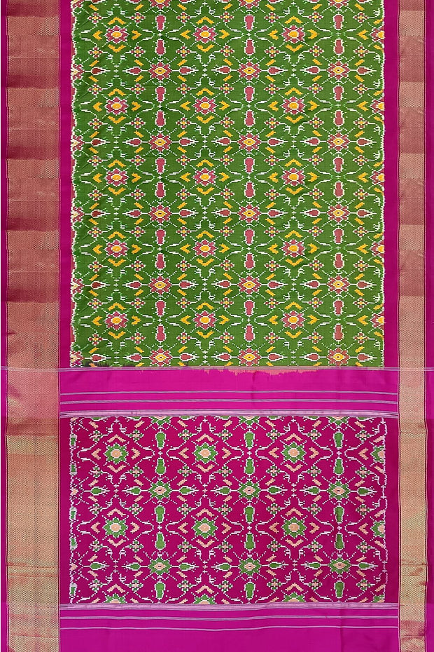 Handwoven Ikat pure silk saree in  green in pan bhat pattern