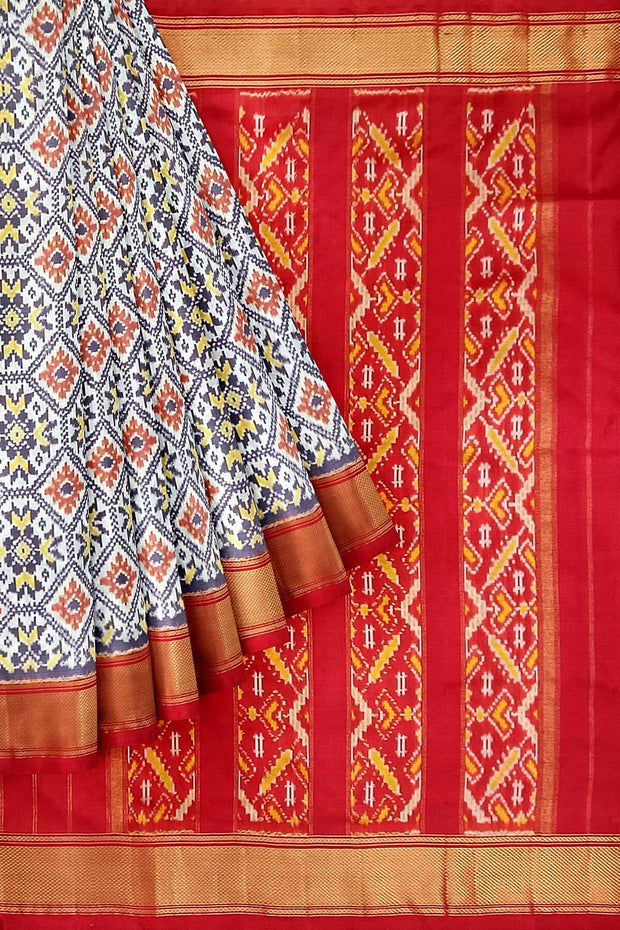 Handwoven ikat pure silk saree in off white in diamond design