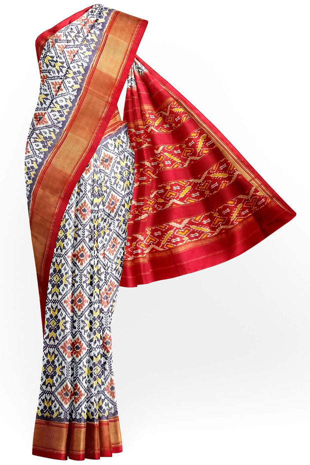 Handwoven ikat pure silk saree in off white in diamond design