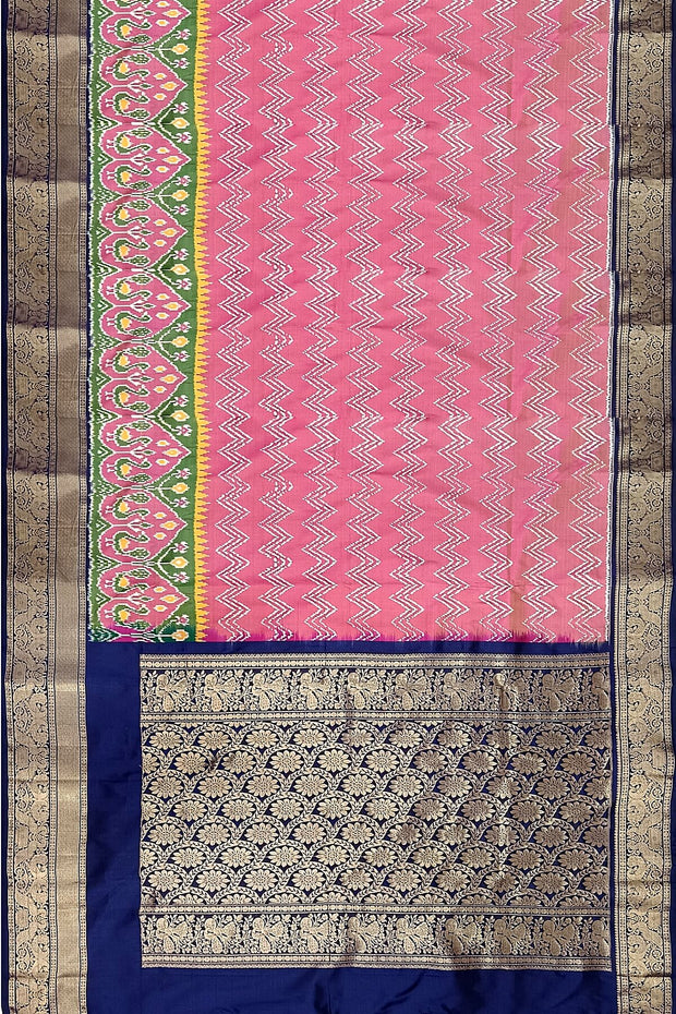 An onion pink ikat pure silk saree in zig zag pattern