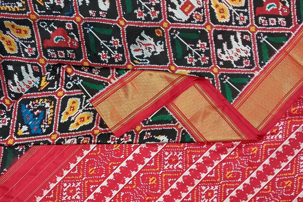 Handwoven Ikat pure silk saree in black in diamond pattern