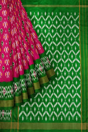 Handwoven ikat pure silk saree in pink with abstract pattern on the body