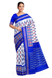 Handwoven ikat pure silk saree in silver with leaf motifs on the body