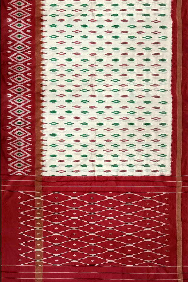 Handwoven ikat pure silk saree in  off white with leaf motifs on the body