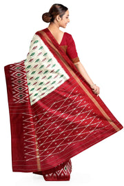 Handwoven ikat pure silk saree in  off white with leaf motifs on the body