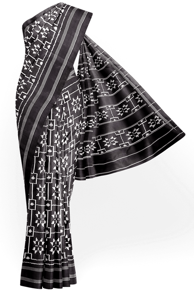 Handwoven ikat pure silk saree in black in telia pattern