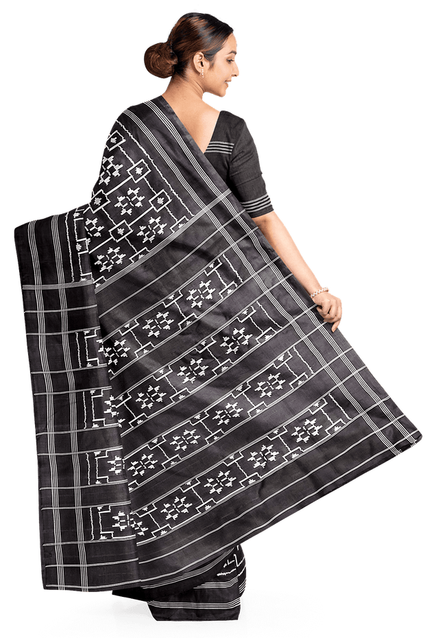 Handwoven ikat pure silk saree in black in telia pattern