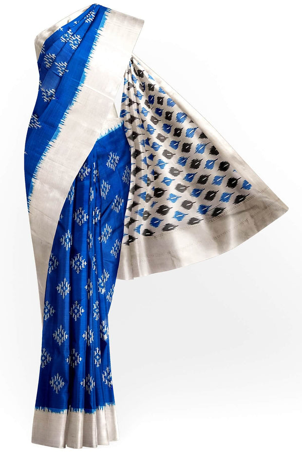 Handwoven ikat pure silk sare in cobalt blue in diamond  pattern