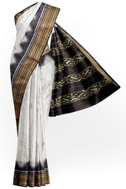 Handwoven Ikat pure silk saree in white checks with temple border.