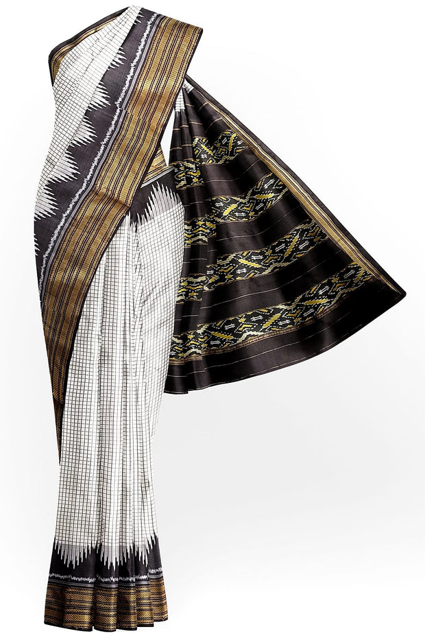 Handwoven Ikat pure silk saree in white checks with temple border.