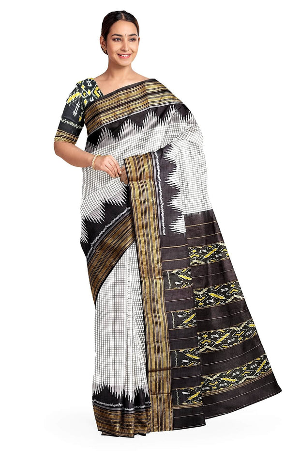 Handwoven Ikat pure silk saree in white checks with temple border.