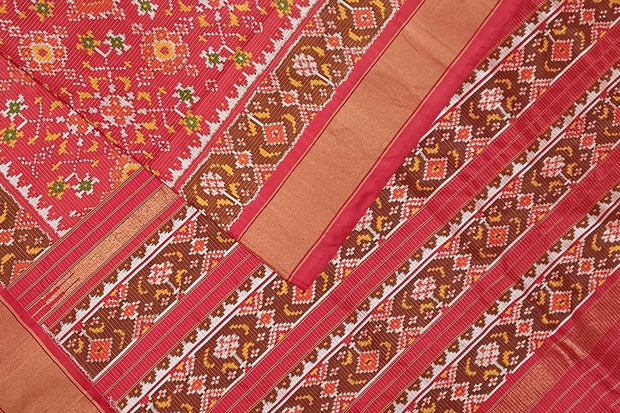 Handwoven ikat pure silk saree in red in navratan pattern