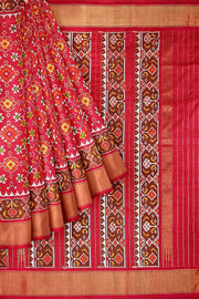 Handwoven ikat pure silk saree in red in navratan pattern