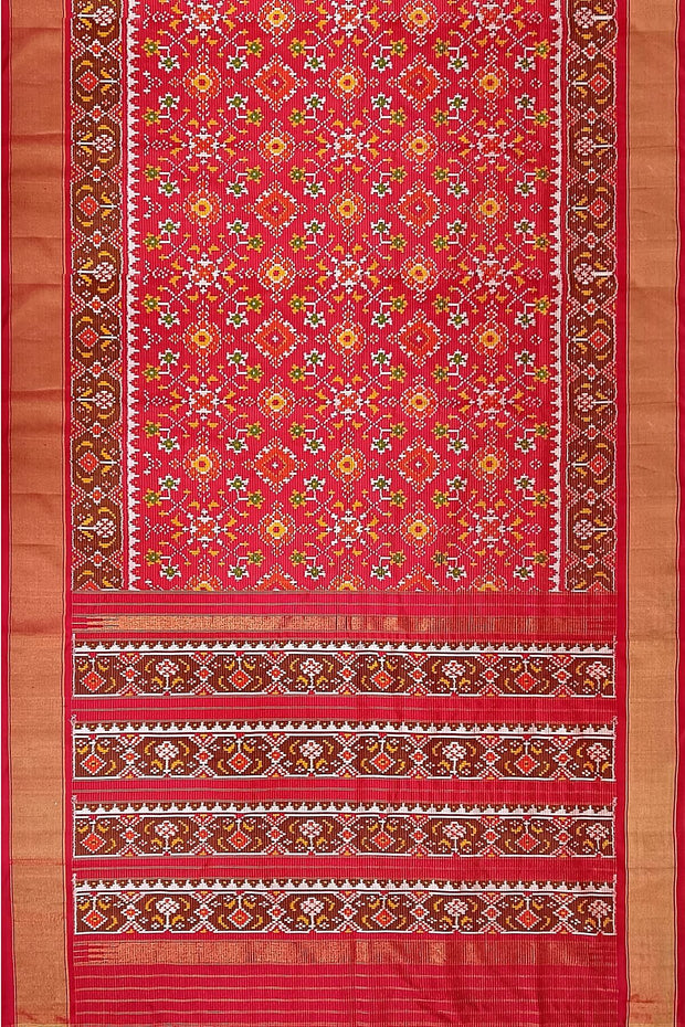 Handwoven ikat pure silk saree in red in navratan pattern