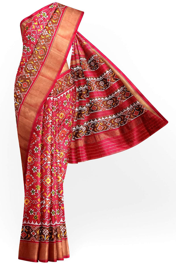 Handwoven ikat pure silk saree in red in navratan pattern