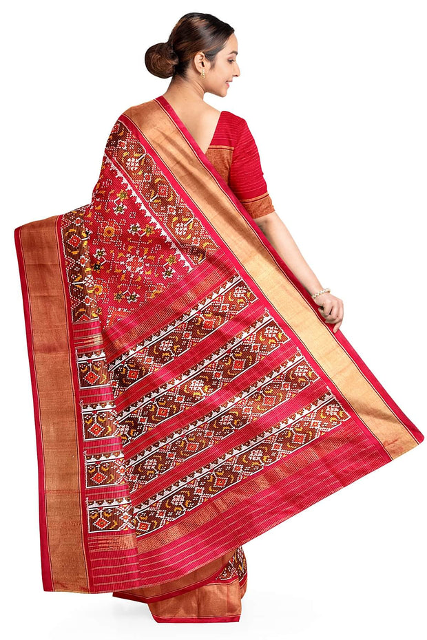 Handwoven ikat pure silk saree in red in navratan pattern