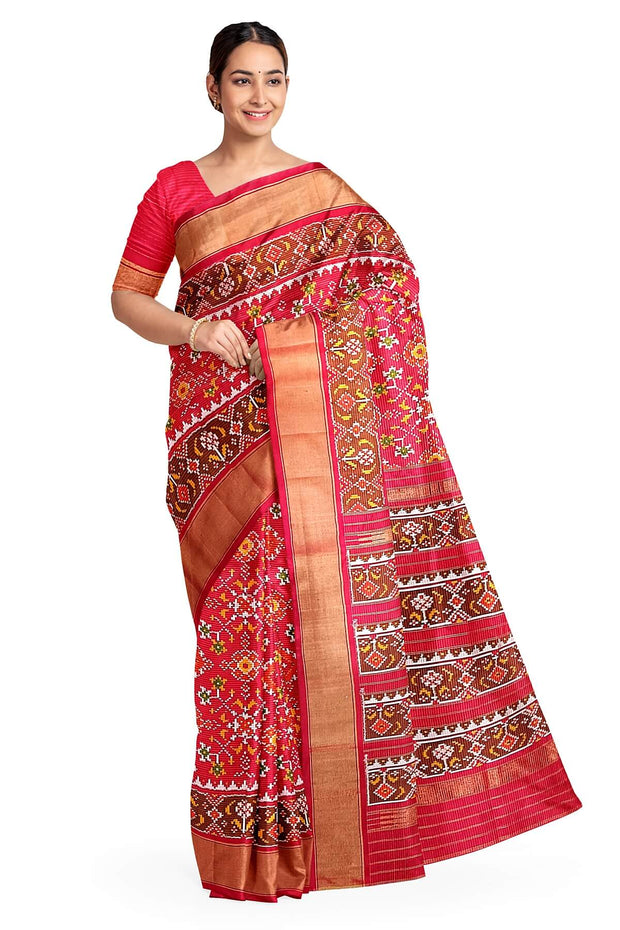 Handwoven ikat pure silk saree in red in navratan pattern