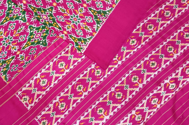 A handwoven twill weave ikat pure silk saree in pink with floral pattern  in circle