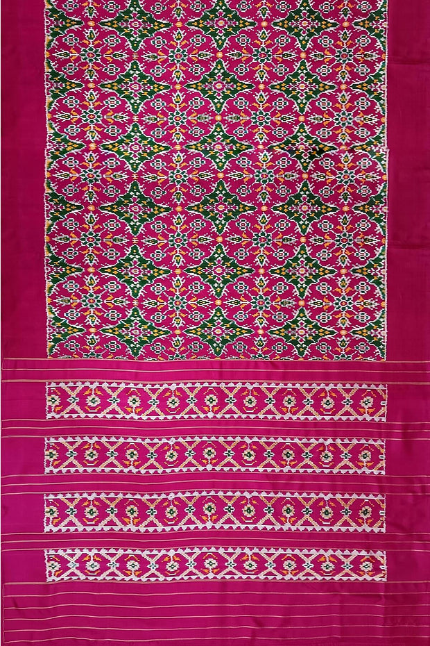 A handwoven twill weave ikat pure silk saree in pink with floral pattern  in circle