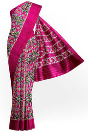 A handwoven twill weave ikat pure silk saree in pink with floral pattern  in circle