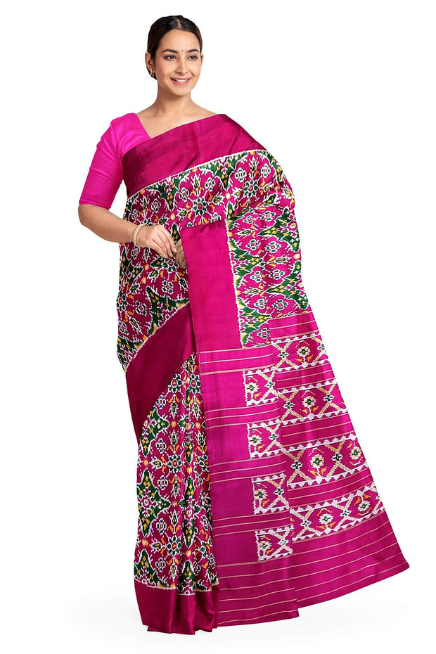 A handwoven twill weave ikat pure silk saree in pink with floral pattern  in circle