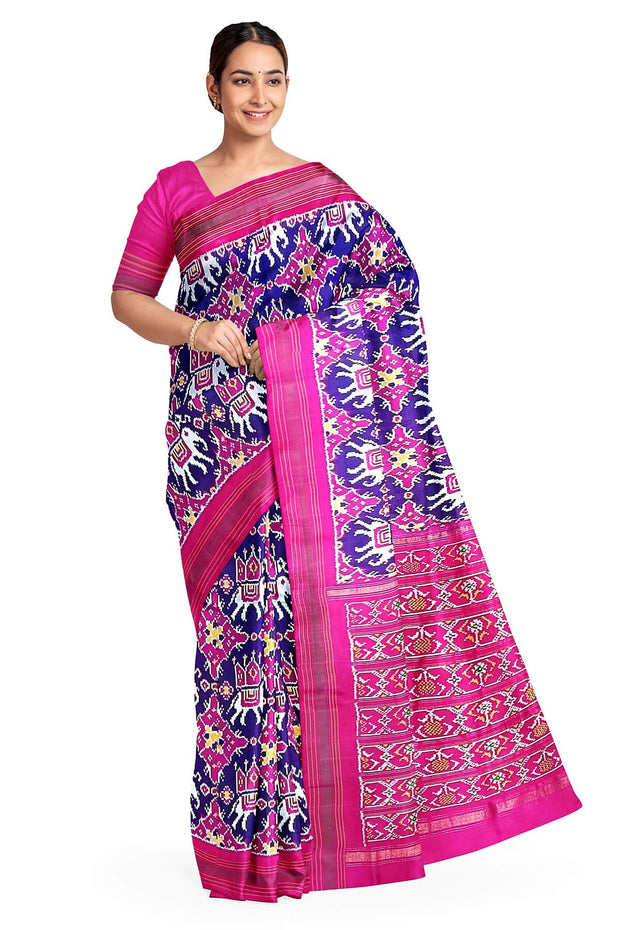 A handwoven  twill weave ikat pure silk saree in violet  with  kunj in chabdi