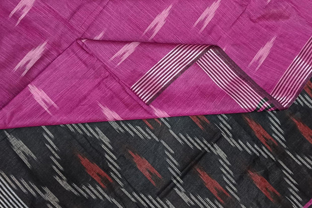 Ikat linen cotton saree in magenta & black